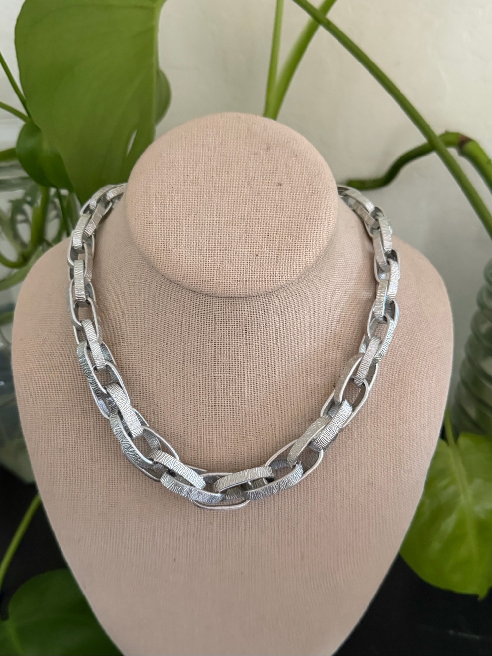 Vintage Brushed Aluminum Silver Textured Chain Link Necklace